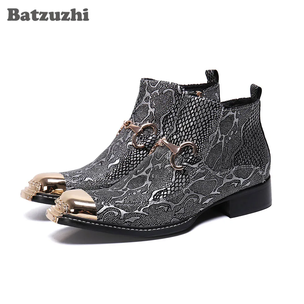 Batzuzhi New Arrival Men Shoes Boots Iron Toe Grey Leather Ankle Boots Zip Designer's Short Boots Party botas hombre!Big Size 46