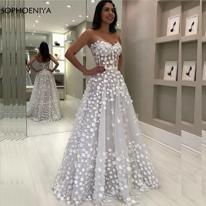 Новое поступление, роскошное свадебное платье трапециевидной формы с цветами, белое свадебное платье, Vestido longo, свадебное платье