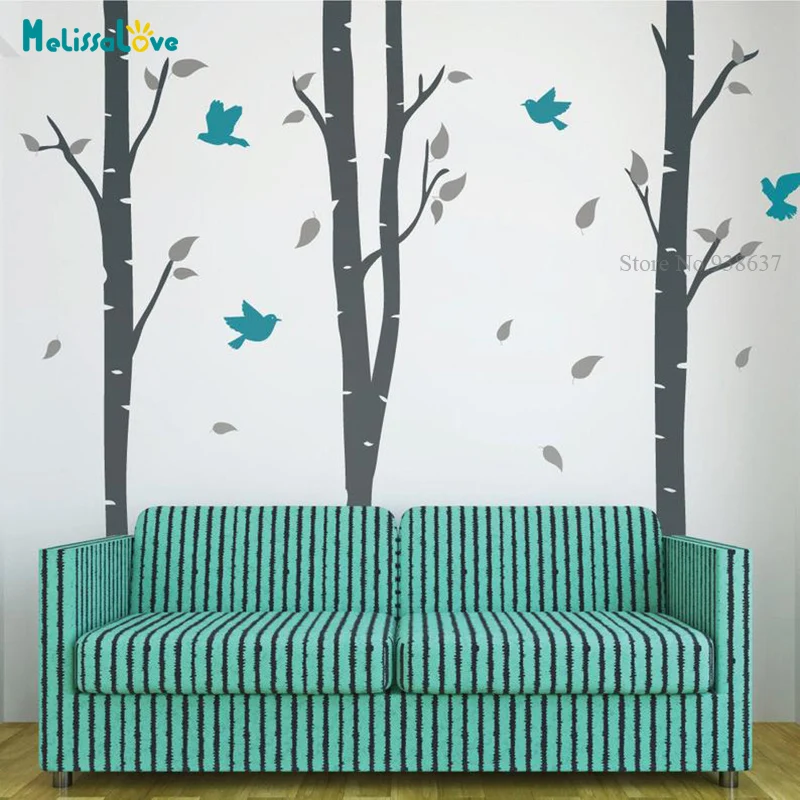 

Nursery Birch Tree Wall Mural Stickers 3 Trees and Birds Wall Art Decals Removable Vinyl Wallpaper Home Decor BB071