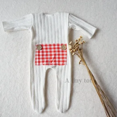 Newborn Photography Prop Lattice Patch Pocket Romper Baby Plaid Costume for Photo shoot Long Sleeve Outfit Boy Photo Props - Цвет: Белый