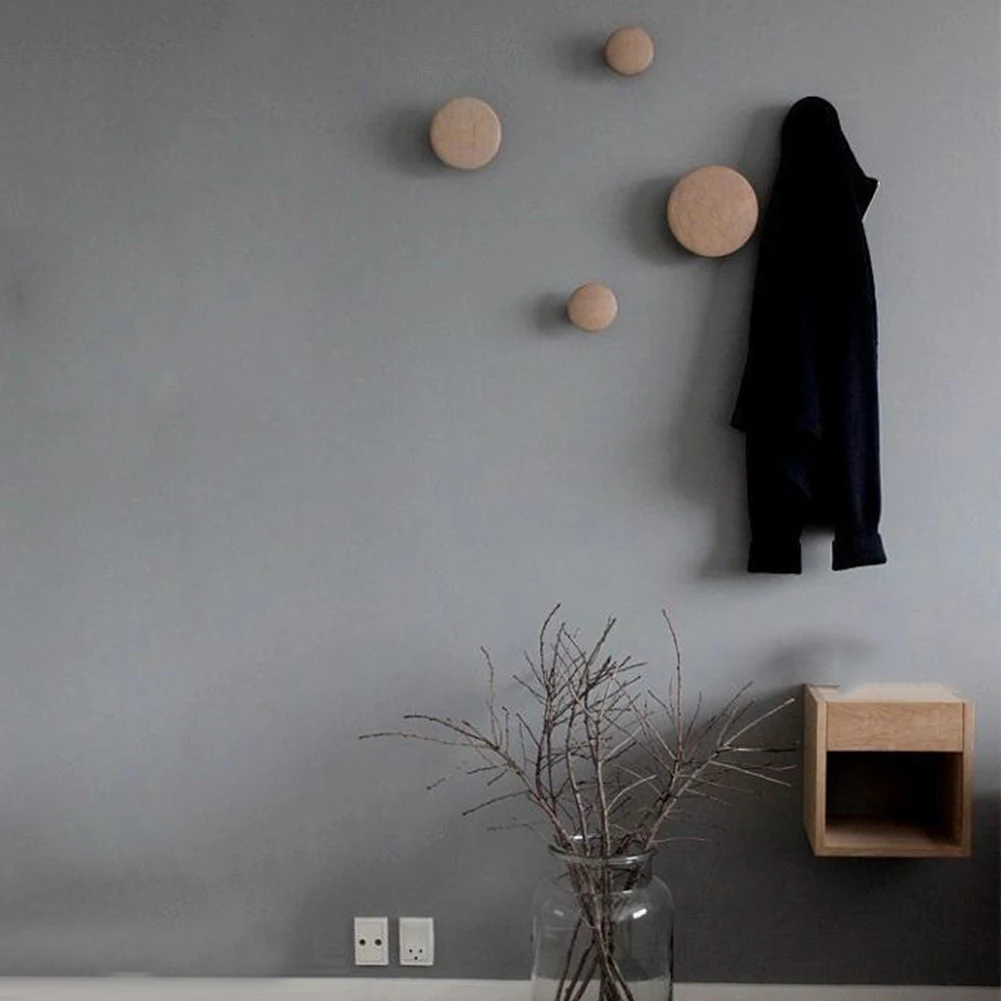 

5pcs Living Room Rack Modern Wall Hook Set Towel Solid Wood Home Decoration Clothes Coat Hanger Round Dots Bag Bedroom Organizer