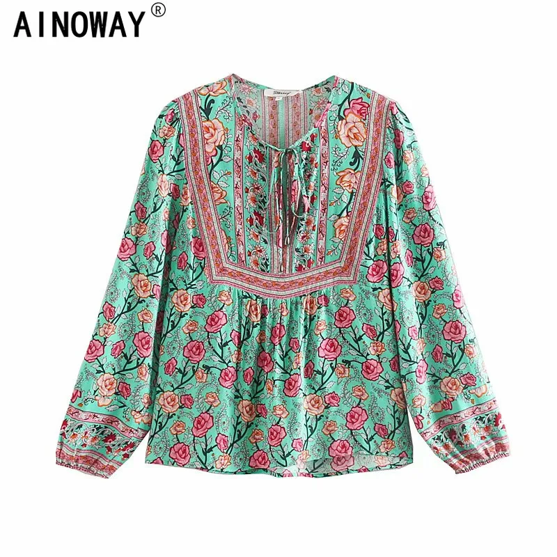 

Vintage chic happie women floral printed v-neck lace-up Boho blouse shirts Ladies rayon long sleeve shirts bohemian blusas