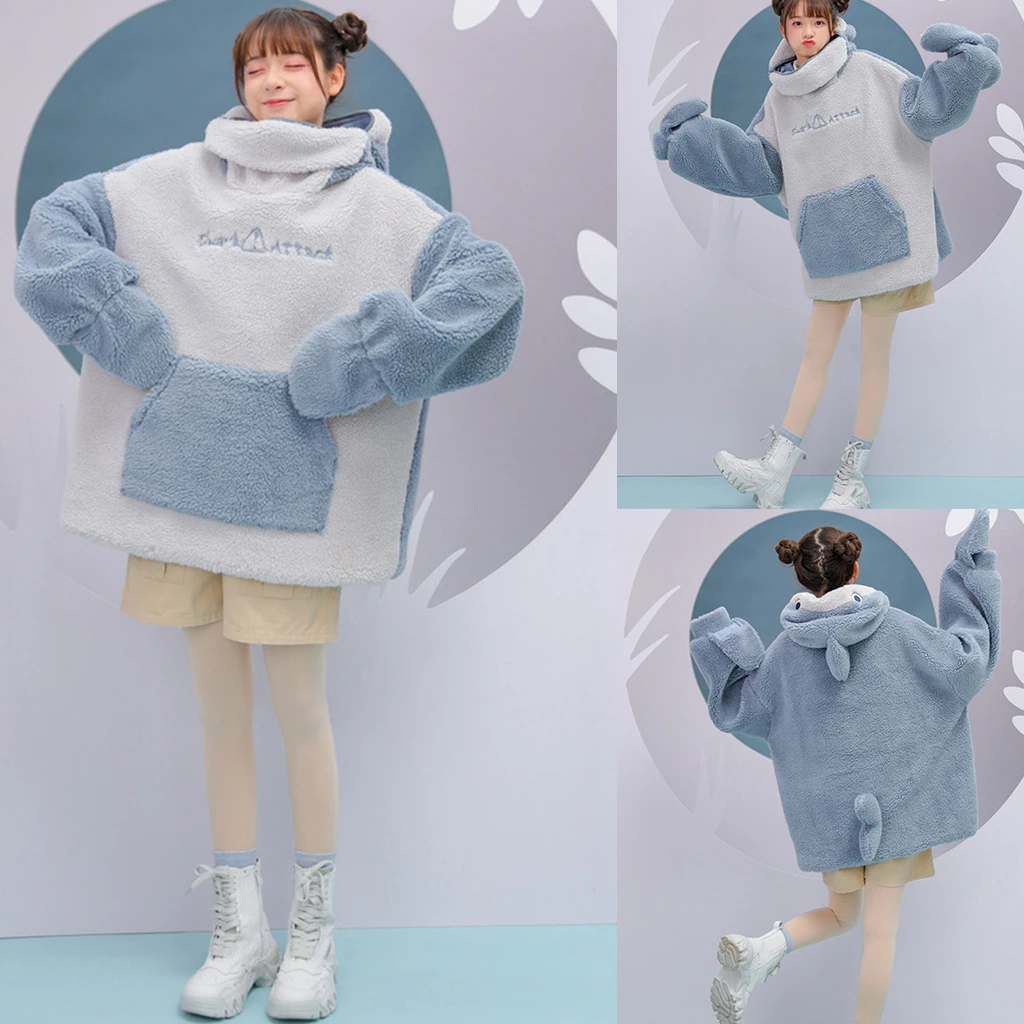 Women Winter Thick Fuzzy Plush Sweatshirt Harajuku Cute Zipper Mouth Shark Hoodies Letter Embroidery Oversized Loose Pullover north face hoodie
