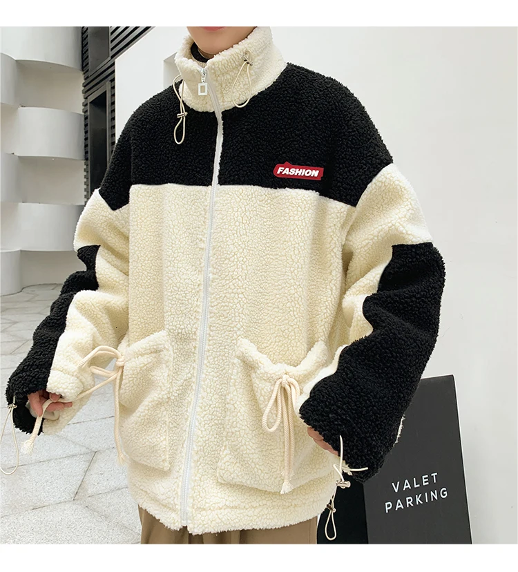 Winter new collection of patchwork printed thick and fleecy hooded padded clothes loose casual personality youth men's wear