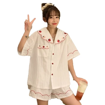 

Pajamas Women's Summer Short-sleeved Casual Breathable Thin Section Cute Sweet Strawberry Print Cardigan Two-piece Home Service