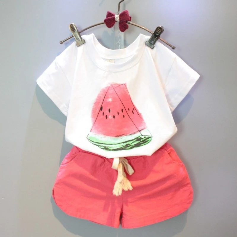 Summer Girls Fashion Clothes Set Short-sleeved T-shirt Cartoon Watermelon Shorts Suit Children's Clothing | Мать и ребенок