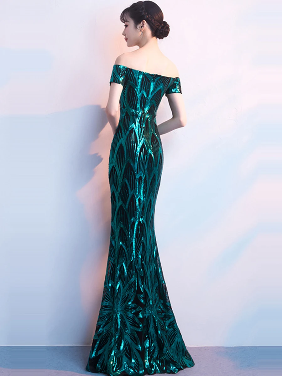 Вечернее платье с блестками Robe De Soiree вечернее платье с вырезом лодочкой и коротким рукавом для женщин длинное вечернее платье русалки F241-1