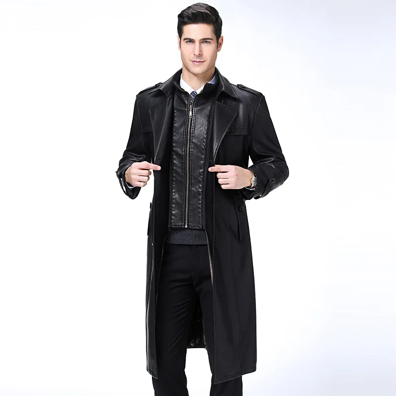 Длинное зимнее кожаное Мужское пальто больших размеров - Color: Black