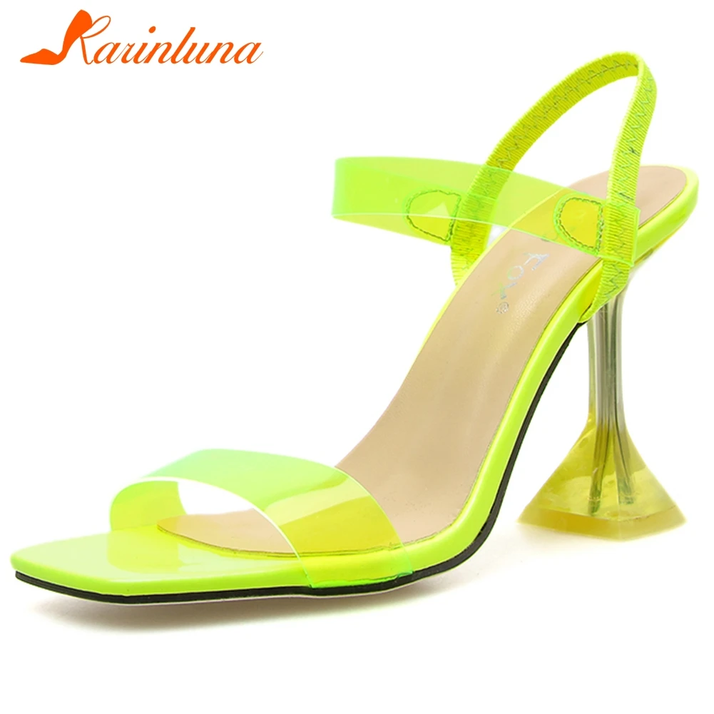 

KARINLUNA Fashion Female Summer Sandals Square Toe Transparent Buckle Strap Office High Heel Sandals Women Heeled Shoes Woman