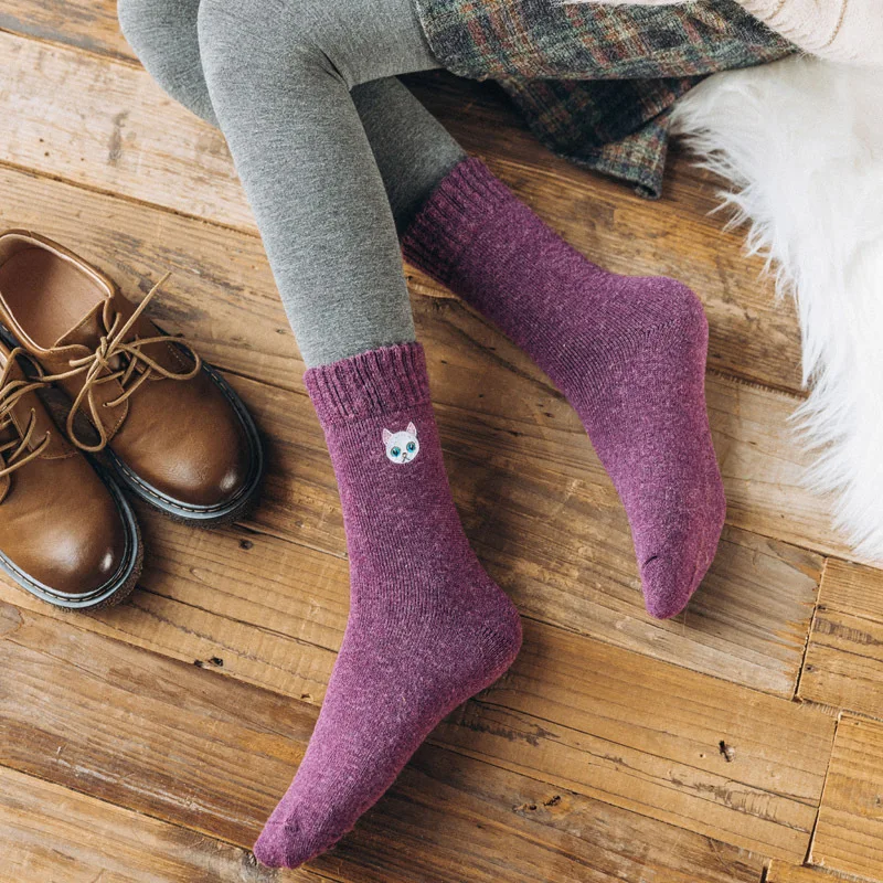 Теплые зимние милые забавные Женские носочки с вышитым котом; хлопковые теплые носки; Calcetines Mujer Sokken Skarpetki