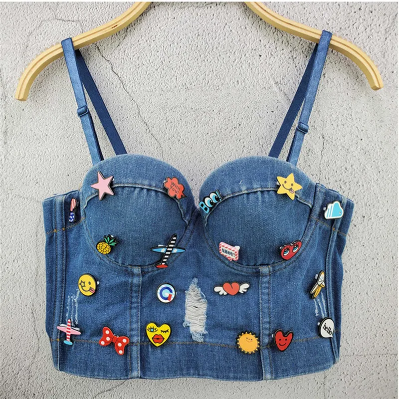 2020 New Women Denim Caims Bustier Bra Cropped Top Sexy Vest Diamond Push Up Crop Top Tank Women Clothes Adjustable