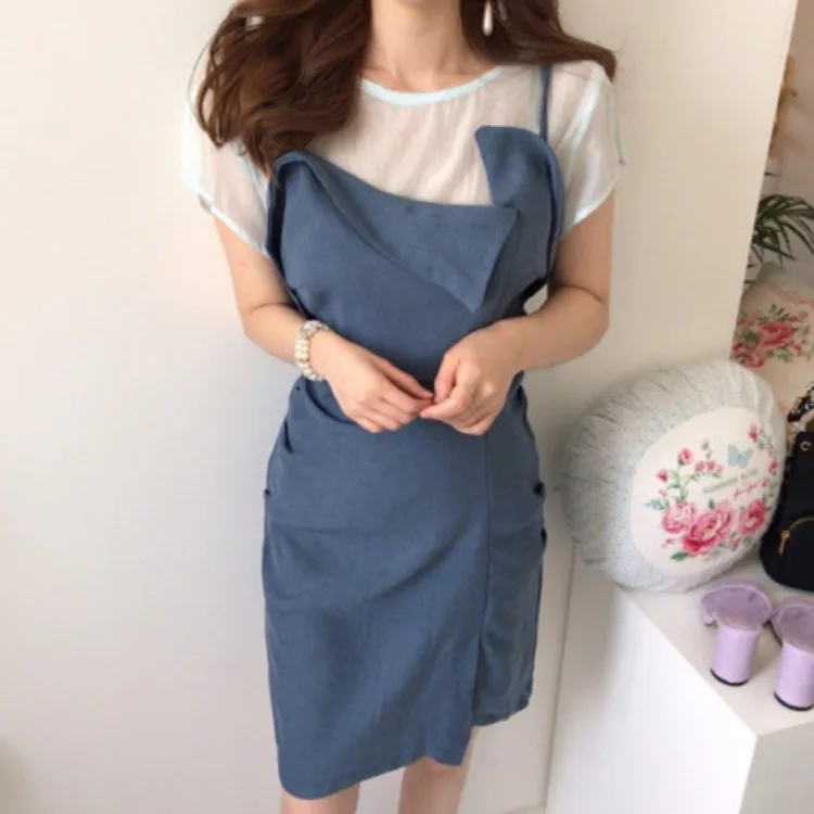 

Dress Women's 2020 Early Spring Waist Hugging Retro Slimming Gauze Tops T-shirt + Irregular Strapped Dress Two-Piece Set Fashion