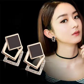 

CH-696 Statement Earrings Gold 2020 Black White Rhombus Geometry Austria Crystal Square Shaped Earrings Jewelry for Women Party