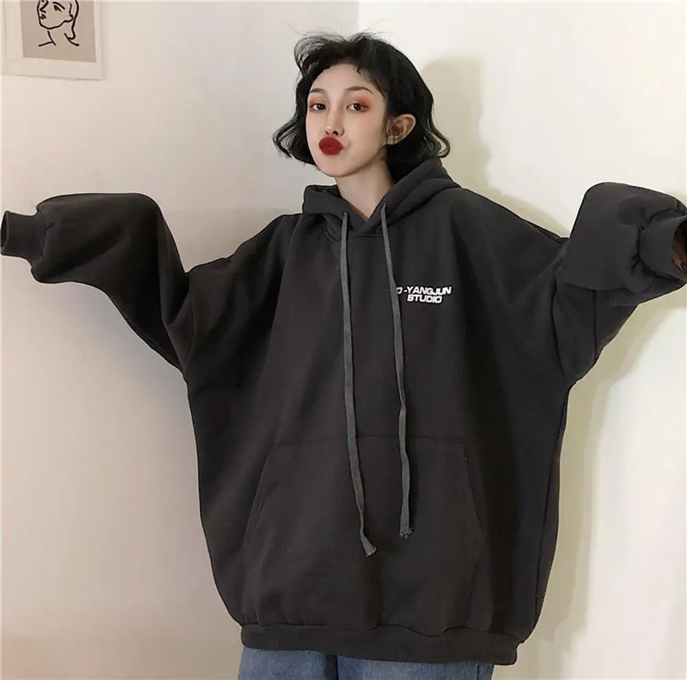 Korean Style Women Casual Loose Hoodies Pullover, Plus Size Pocket Sweatshirt Letter Printed Hoodie sweat femme Female Tops