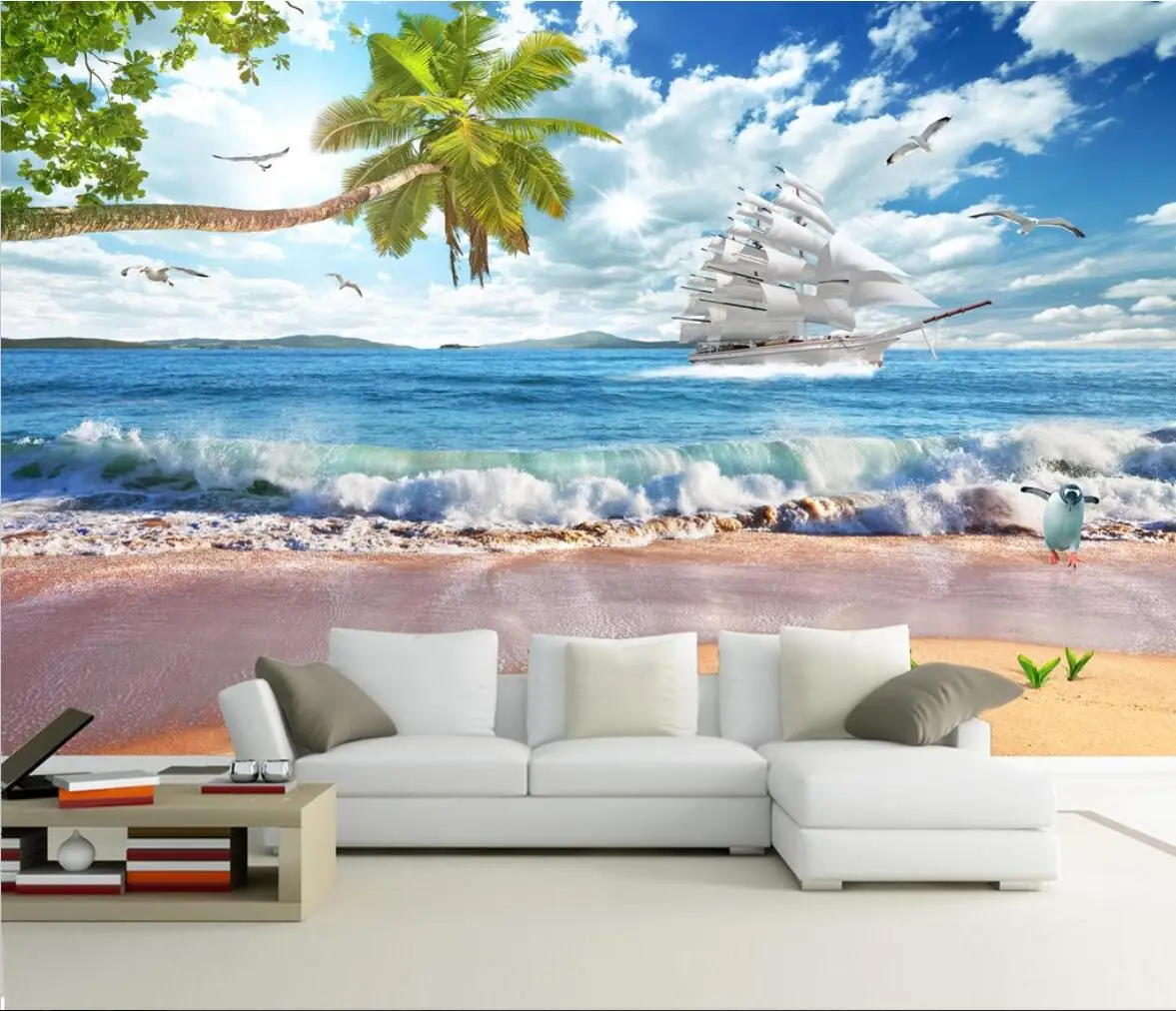 custom mural mar praia mediterraneo sofa cobrindo sala 04