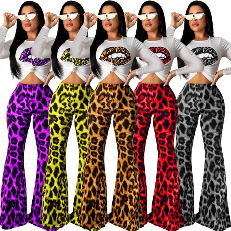 

Fashion Women 2Pcs Tracksuit Long Sleeve Crop Top and Leopard Printed Boot-cut Trouser Sets Lady Casual Suits Outfits 2pc Hot