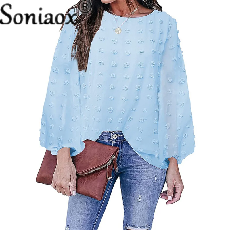 2021 New Autumn Women Solid Color Blouse Tops Lantern Long Sleeve Round Neck Loose Jacquard Polka Dot Chic Casual Ladies Shirts htzmo sexy dress sets summer halter lace crop top pencil long shirt two piece set club beach wear casual chic outfits white 2021