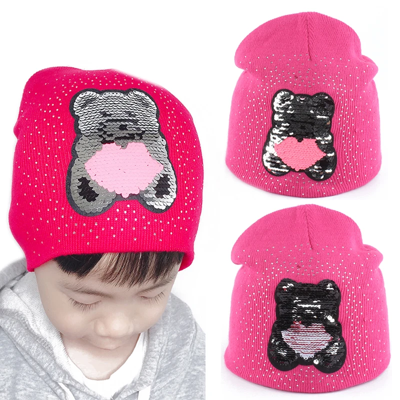 

Winter Hat For Kids Baby Girls Winter Cap Cartoon Bear Sequin Funny Hat Double Layer Warm Knitted Rhinestone Skullies Beanies