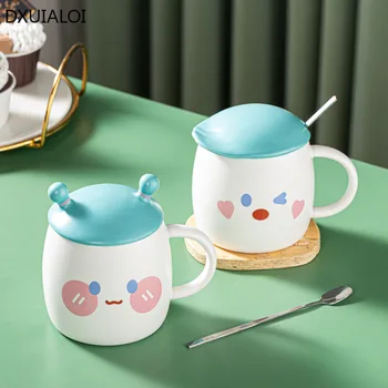 Taza de agua de cerámica con dibujos animados para pareja, vaso de cerámica con tapa, cuchara, regalo para el desayuno en casa, estilo minimalista moderno, 400ml, DXUIALOI 1