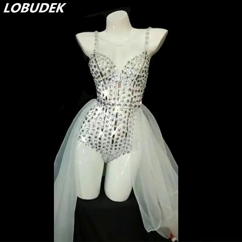 

Hand Sewing White Rhinestones Bodysuit Catsuit Mesh Trail Dance Outfit Bar Nightclub Women Sexy Costume Party Catwalk Stage Wear