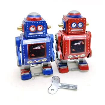 

[Funny] Adult Collection Retro Wind up toy Metal Tin mini- robot Red/Blue Clockwork toy figure model vintage toy gift
