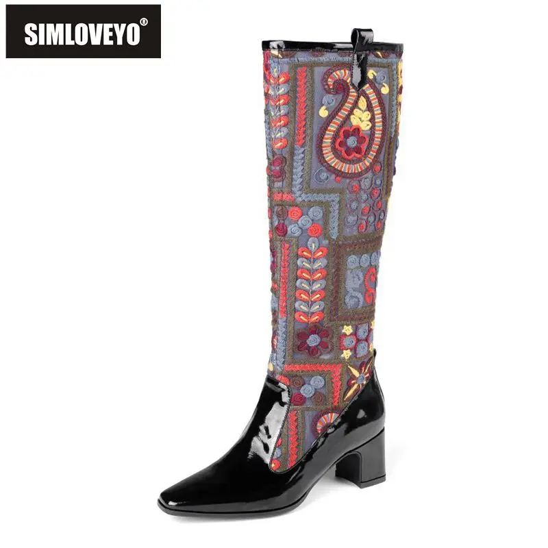 

SIMLOVEYO Women Square Toe Zipper Embroidered Knee Boots Chinese style Genuine Leather Mixed Color Size 34-43 Autumn Party
