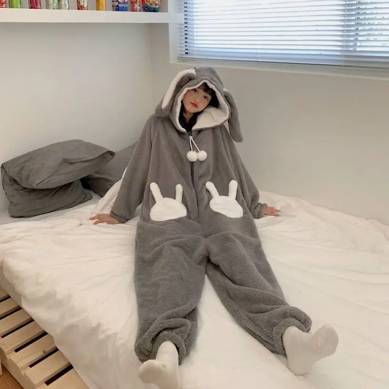 

One-piece Pajamas Women's Winter Thickening and Velvet Long-sleeved Student Cute Warm Autumn and Winter Hooded Lamb Home Service