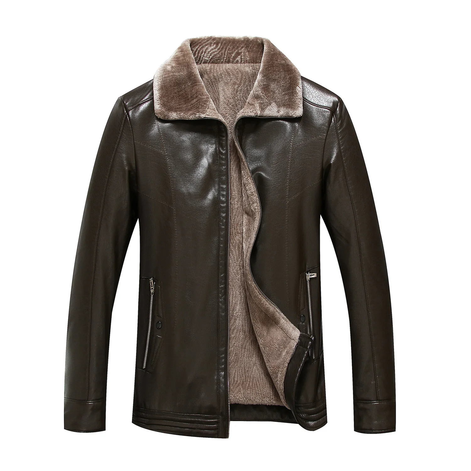 

Middle Age Men Leather Coat Plus Velvet Thicken Pu Leather Jacket Fat Man Male Plus Fat plus Size Fur One Piece Coat
