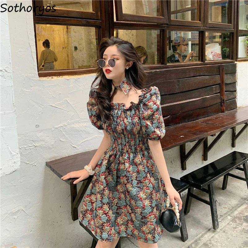 Vestido de verano de estilo francés para mujer, estilo Vintage de calle, elegante, dulce, con paneles de retazos, cintura elástica, Ulzzang, combina con todo|Vestidos| - AliExpress