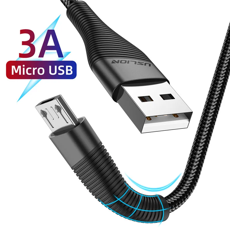 USLION, плоский Micro USB кабель, зарядное устройство для samsung, huawei, Xiaomi, 3A, кабель для синхронизации данных, провод, быстрая зарядка, кабели для мобильных телефонов, 1 м, 2 м, 3 м - Цвет: Черный