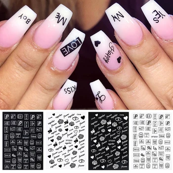 

1 Sheet 3D Nail Stickers Black Geometric Flower Letter Patterns Adhesive Transfer Decals Nail Art DIY Design Decoration