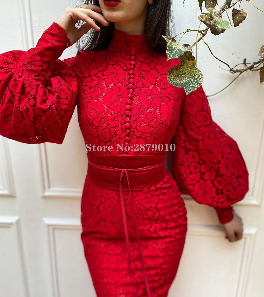 

Vintage Red High Neck Mermaid Evening Dress Floor-Length Lace Prom Dress Celebrity Dress Robe De Soiree Aibye Vestido de festa