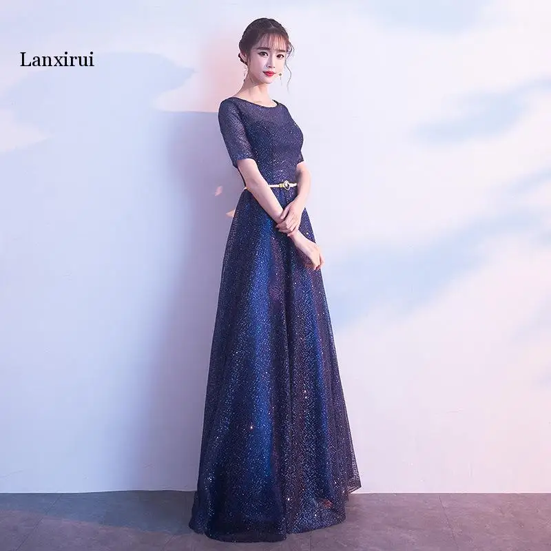 Women's Vintage O Neck Half Sleeve Diamond Pieces Long Evening Party Dress Elegant Swing Chorus Maxi Formal Dresses
