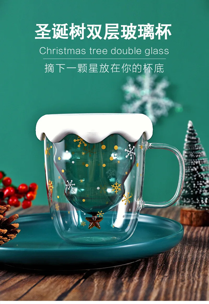 Cute Christmas Tree Mug Double Wall Glass Coffee Cups With Silocone Lid Snowflak 