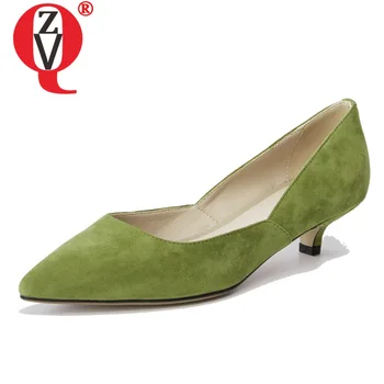 

ZVQ natural leather wedding shoes fashion woman pumps green pink yellow kid suede 3cm low heels women's shoes shallow shoes