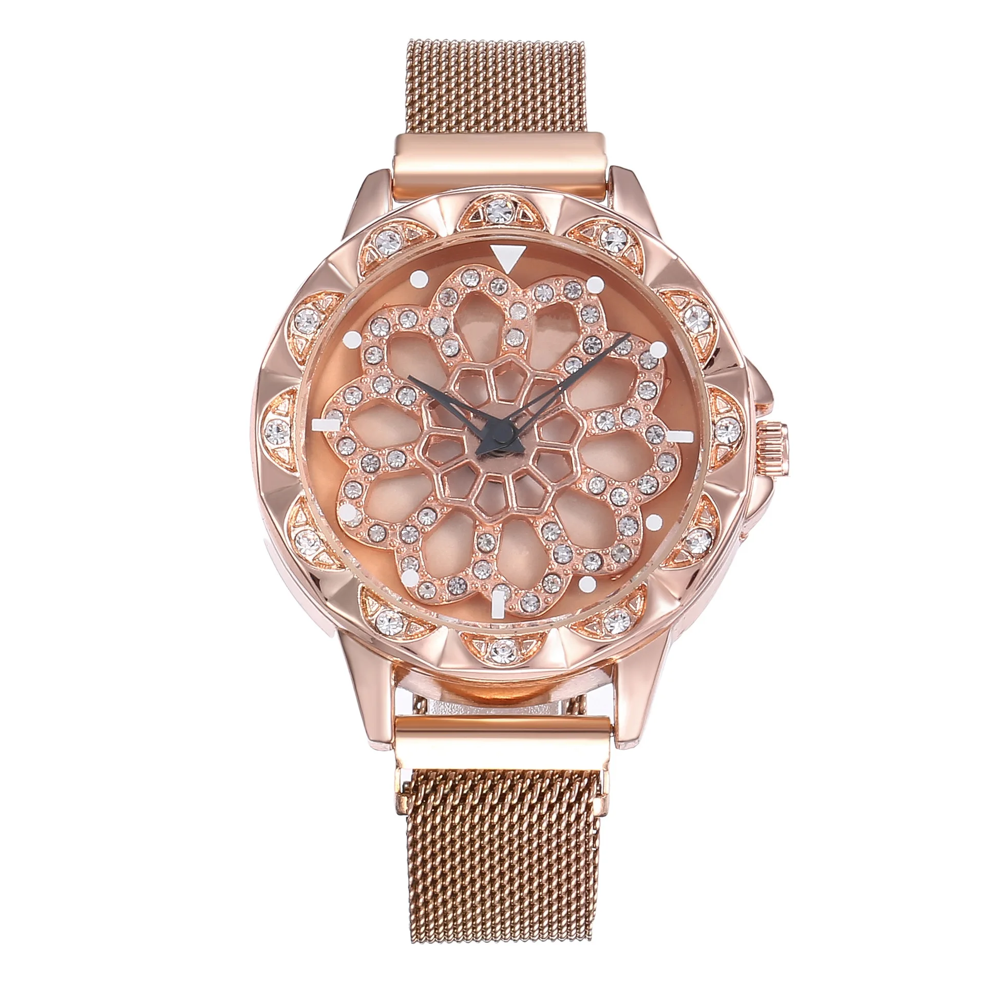Роскошные женские часы из розового золота, специальный дизайн, 360 градусов вращения, бриллиантовый циферблат, сетчатый магнит, звездное небо, женские кварцевые часы - Цвет: rose gold