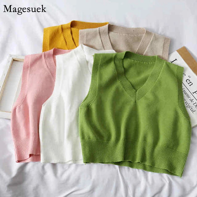 

Autumn Casual Sleeveless Sweater Vest Women Sweet Solid V-Neck Pullover Knitted Vests Loose Sweater Vest Jumper Pull Femme 11831