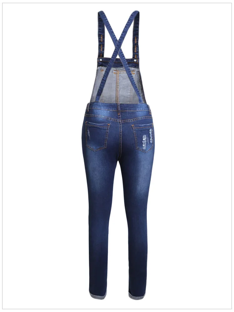 Women Light Blue Dark Blue with hole Femal fashion Denim Laidback Distressed Overalls good pants Couplet trousers suspenders