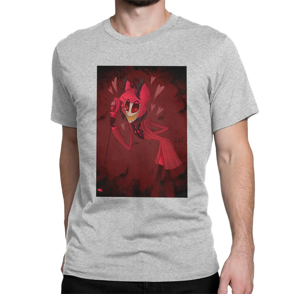 Мужские футболки Love Of Alastor, хлопковые топы Hazbin, винтажные футболки с коротким рукавом и круглым вырезом, футболки размера плюс - Цвет: Серый