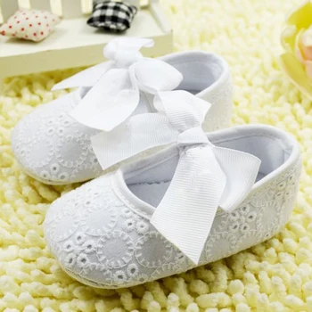 

White Bowknot Baby Girl Lace Shoes Toddler Prewalker Anti-Slip Soft Shoe Simple Baby Shoe