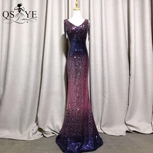 

Fade Purple Evening Dresses Mermaid Long Prom Gown Glitter Beading Straps Party Dress Grape Sequined V neck Women Formal Dress