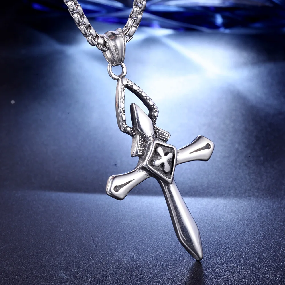 

Hip Hop Virgin Holy Sword Cross Pendant Necklace Punk Gothic Biker Silver Stainless Steel Men's Sweater Chain Pendant Jewelry