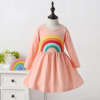 

New Fashion Fall Winter Rainbow Long Sleeve Colorful Color Block Baby Girl Cotton Party Dresses for Kids Princess Girls Dress