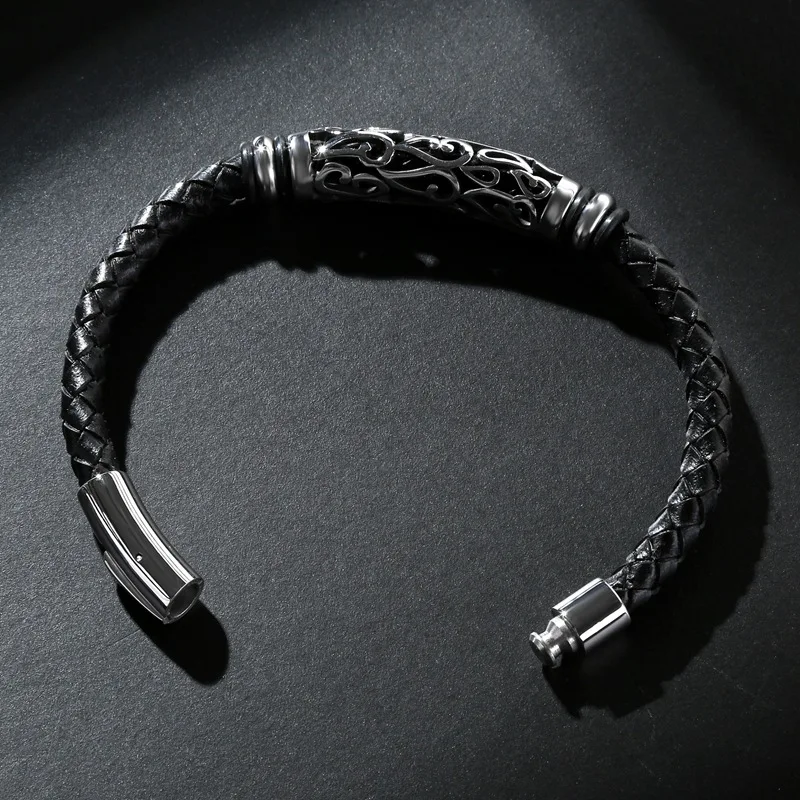 High End luxury Genuine Leather Bracelet Men Golden Hoop Buddha Totem Stainless Steel Male Bracelets& Bangles Women New Jewelry