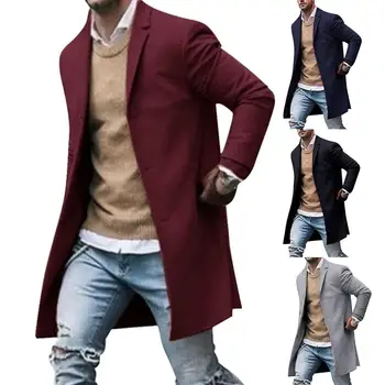 

Autumn Winter Men Brand Fleece Jacket Men Coat Casual Solid Slim Coat With Collar Long Cotton Trench Coat Street Wear