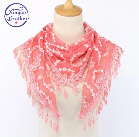 New Arrival Double Layers Brand Design Summer Lady Lace Scarf Tassel Women Triangle Bandage White Floral scarves Shawl |