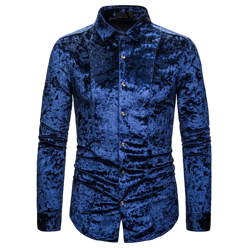 HuLooXuJi/осенне-зимние мужские велюровые рубашки с отворотами; винтажные однотонные Дизайнерские блузы с длинными рукавами; размеры США: S-2XL - Цвет: Синий