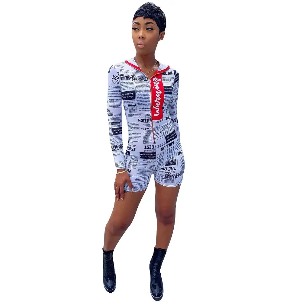 

Adogirl Newspaper Printed Short Jumpsuit Women Long Sleeve Zipper Up Hooded Romper Casual Sporty Fitness Playsuit Overalls