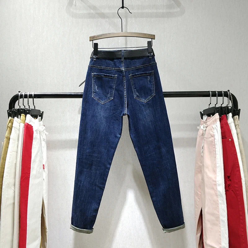 Женские джинсы с заклепками, джинсовые штаны с тяжелыми дырками, осень, новые женские узкие брюки-карандаш с высокой талией, стразы, Femme