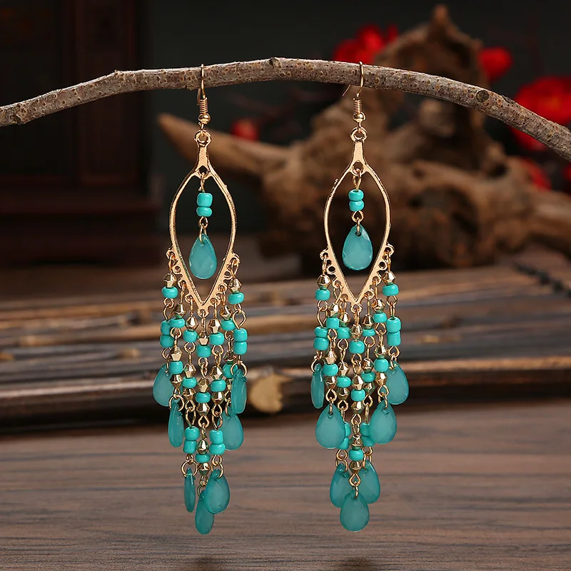 Bohemian Long Tassel Earrings Women Bead Handmade Tassel Earrings Boho Gold Color Drop Dangle Jewelry Boucle Oreille Femme dangle earrings drop earrings long earrings golden earrings crystal tassel earrings